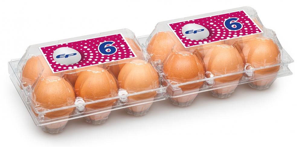 Eggbokser 2x6 i klar plast til hønseegg. Fine til fargerike egg. Eske med 410 stk 2x6 eggbokser. Laget av resirkulert R-PET, Polyetylen tereftalat, et termoplastprodukt i polyesterfamilien.