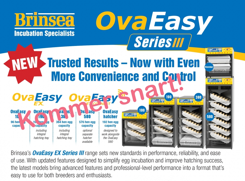 Ny modell kommer! OvaEasy 580 Advance EX Series II er utstyrt med Brinsea,s velprøvde digitale kontrollsystem som har en rekke nyttige og enkle ekstra funksjoner som luftfuktighet avlesning og temperaturalarmer.